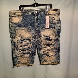 "Men's Distressed Acid Wash Denim Shorts – Ripped Biker Style with Frayed Hem"